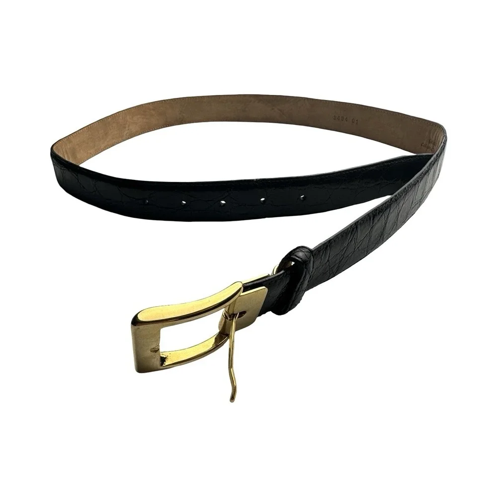Bespoke Black Genuine Caiman Crocodile Mens Brass Buckle Belt Size 34